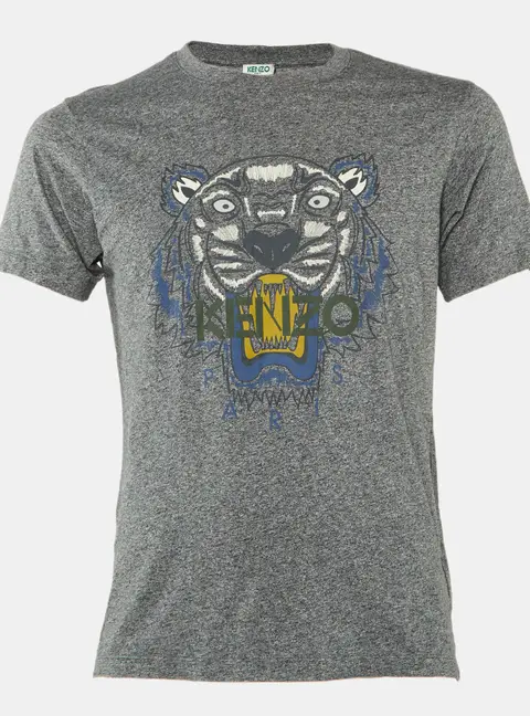 Kenzo Grey Tiger Print Melange Cotton Crew Neck T-Shirt S