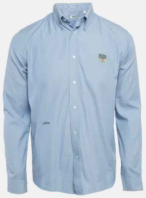 Kenzo Blue Tiger Embroidered Cotton Shirt M
