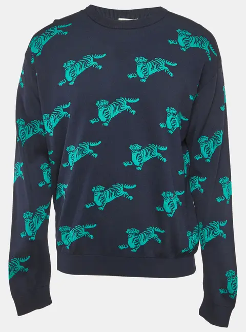 Kenzo Navy Blue All Over Tiger Pattern Knit Jumper L