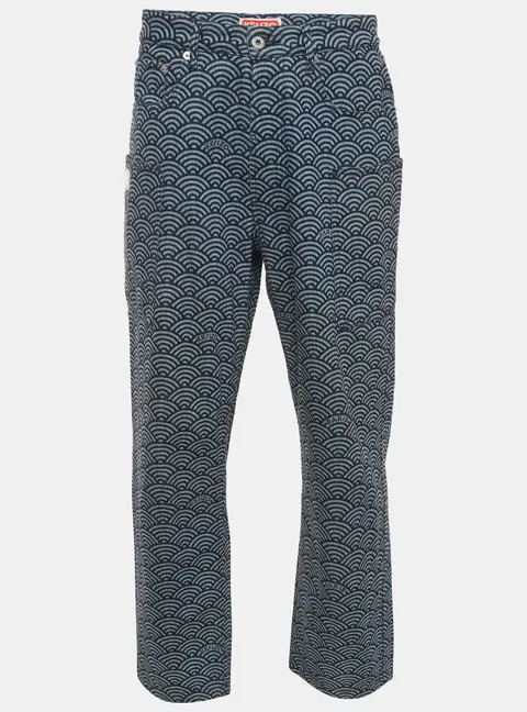 Kenzo Blue Japanese Seigaiha Wave Print Denim Cargo Jeans S/Waist 34"