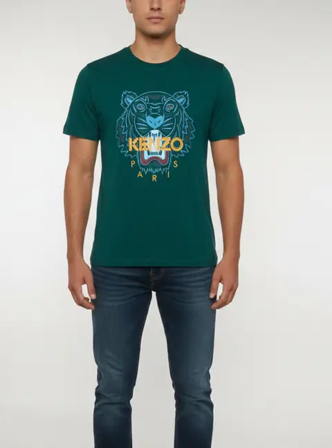 Kenzo Green Logo Tiger Graphic Jersey T-Shirt L