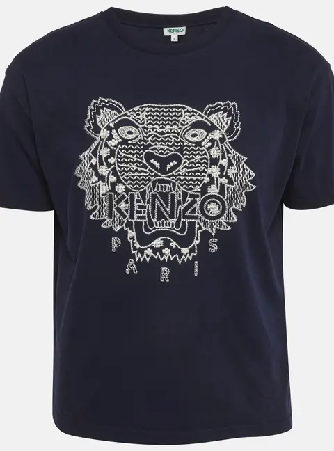 Kenzo Navy Blue Tiger Logo Embroidered Jersey T-Shirt L