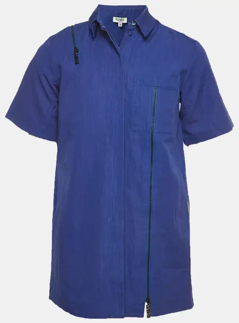 Kenzo Blue Zip Detail Cotton Blend Button Up Shirt S