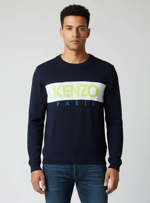 Kenzo Navy Blue/Neon Logo Detail Stripe Intarsia Knit Crewneck Sweater M