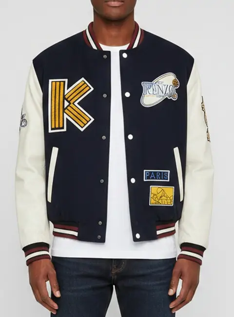 Kenzo Navy Blue Logo Patch Wool and Leather Varsity Bomber Jacket S