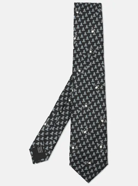 Lanvin Black/Blue Printed Silk Panda Motif Neck Tie