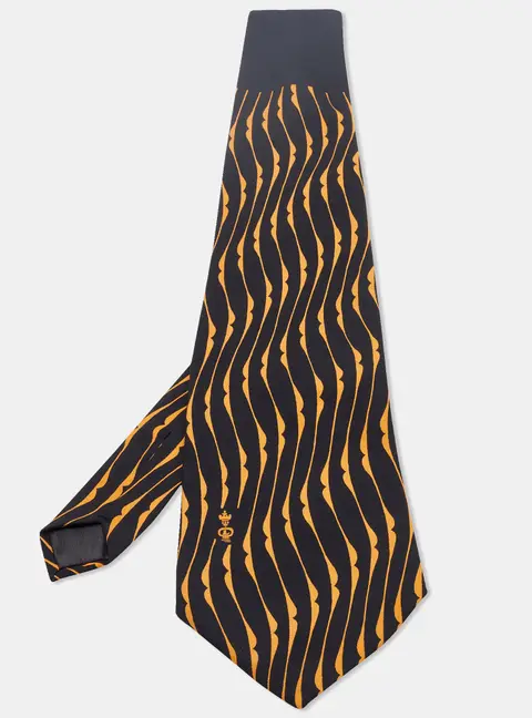 Lanvin Vintage Black & Orange Printed Silk Traditional Tie