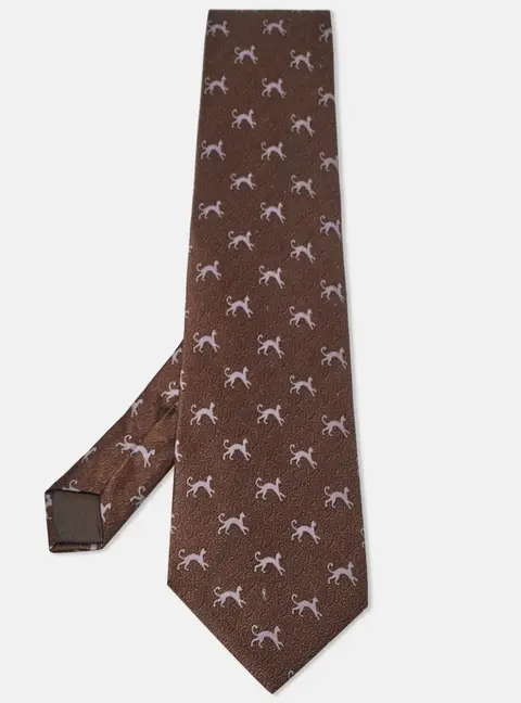 Lanvin Brown Cat Print Satin Silk Traditional Tie