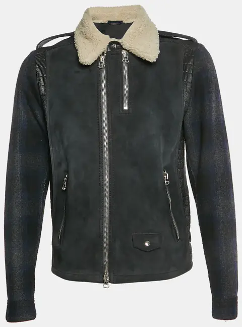 Lanvin Black Wool Blend and Suede Shearling Collar Moto Jacket XL