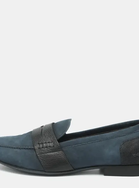 Lanvin Size 44 Navy Blue/Black Leather and Suede Penny Loafers