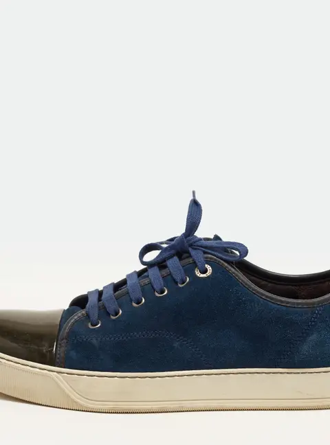 Lanvin Size 42 Navy Blue/Dark Green Patent Leather and Suede Low Top Sneakers