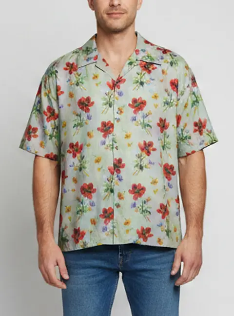 Loewe Green Floral Print Cotton and Silk Bowling Shirt M