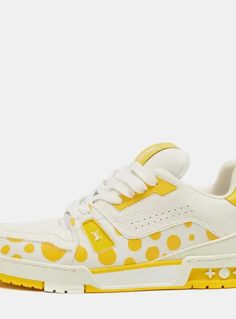 Louis Vuitton x Yayoi Kusama LV Trainer Size 42.5 White/Yellow Leather Lace Up Sneakers