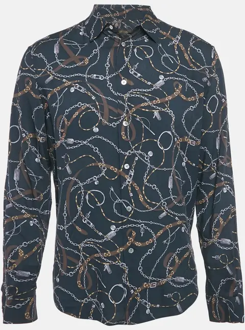Louis Vuitton Navy Blue Twisted Chain Print Crepe Long Sleeve Shirt M