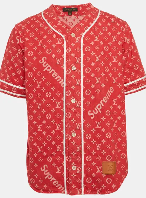 Louis Vuitton x Supreme Red Monogram Denim Baseball Shirt M