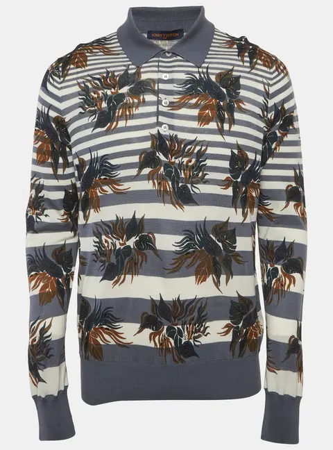 Louis Vuitton Blue Striped Floral Cotton Polo T-Shirt L