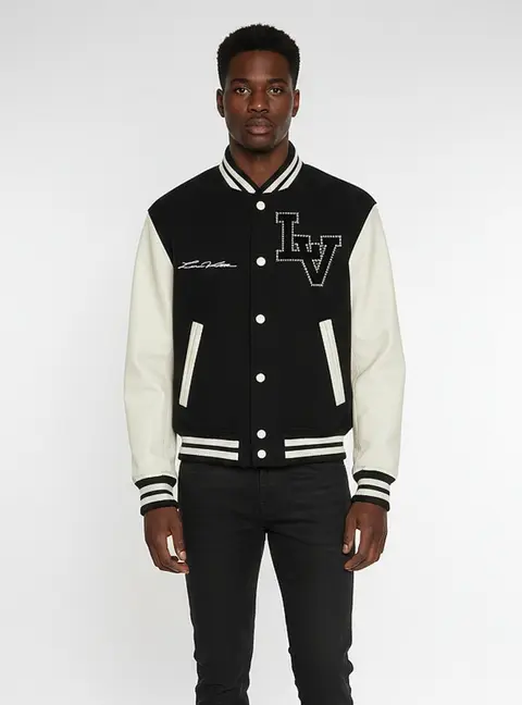 Louis Vuitton Black Wool and Leather Blouson Varsity Jacket L