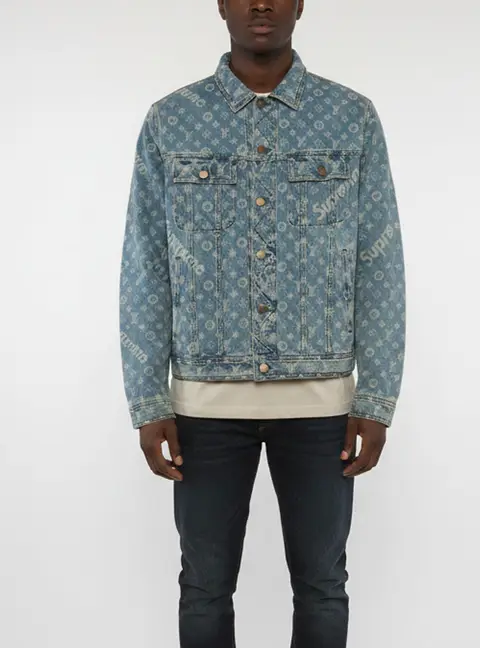 Louis Vuitton X Supreme Blue Denim Monogram Jacquard Trucker Jacket XXXL