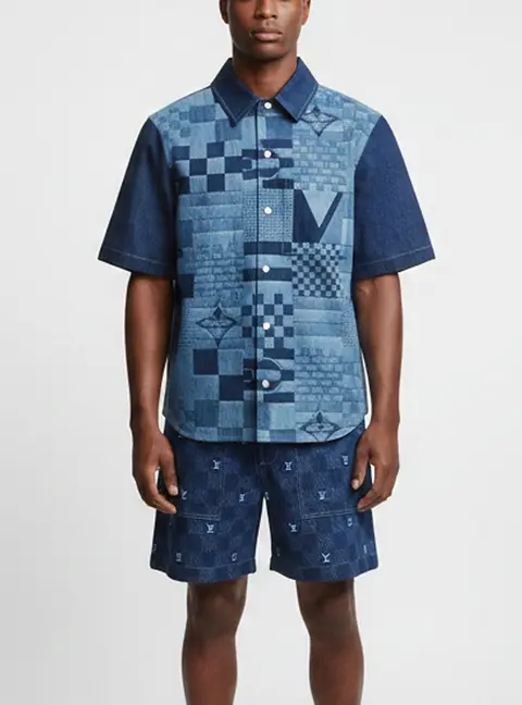 Louis Vuitton Blue Damier Monogram Print Denim Shirt and Shorts Set L/M