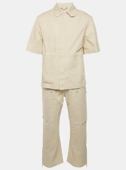Louis Vuitton Beige Embossed Monogram Denim Shirt and Pants Set S/M