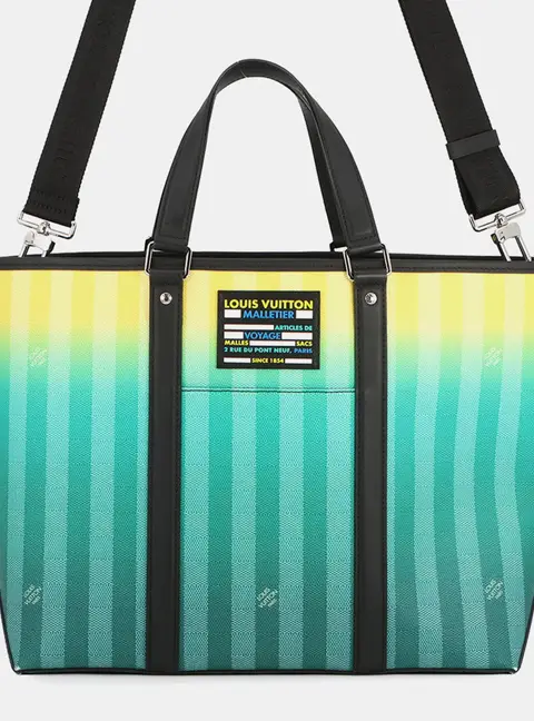 Louis Vuitton Weekend Tote PM Green Yellow Damier Stripe Canvas Leather Top Handle Bag
