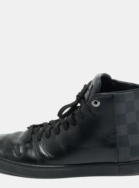 Louis Vuitton Black Leather and Damier Canvas High Top Sneakers Size 39