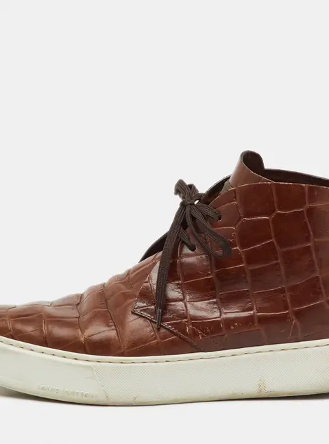 Louis Vuitton Brown Croc Embossed Leather Front Row High Top Sneakers Size 41