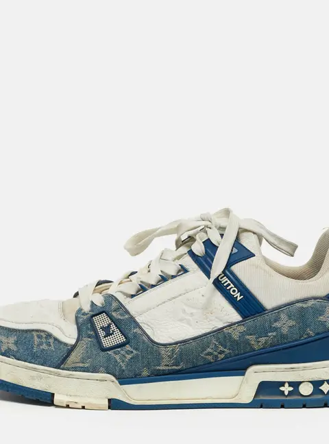 Louis Vuitton LV Trainer Size 46 White Denim and Leather Lace Up Sneakers