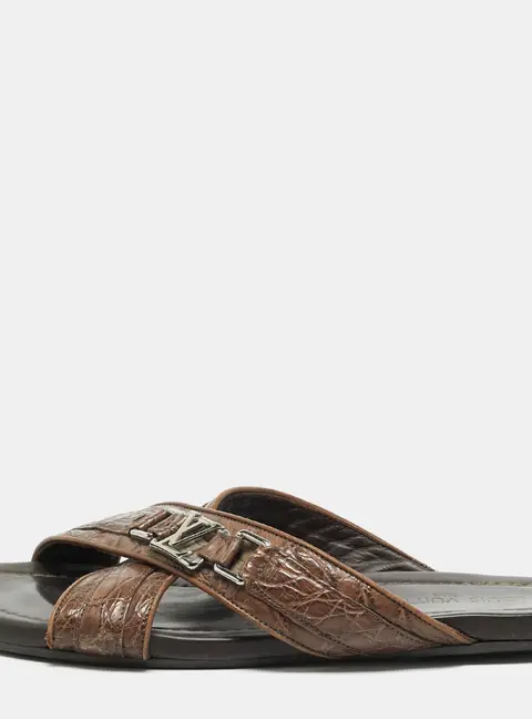 Louis Vuitton Size 44.5 Brown Crocodile Leather Criss Cross Flat Sandals