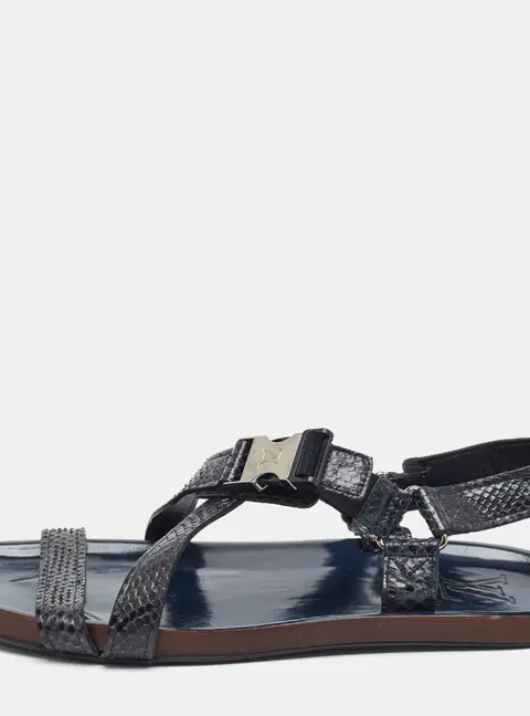 Louis Vuitton Size 42.5 Navy Blue Python Leather LV Logo Criss Cross Flat Slingback Sandals