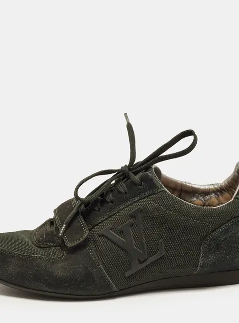 Louis Vuitton Size 41 Dark Green Canvas and Suede Logo Velcro Low Top Sneakers
