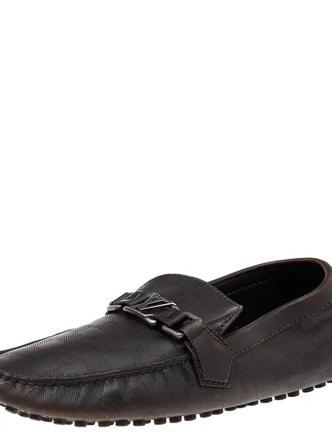 Louis Vuitton Dark Brown Damier Embossed Leather Hockenheim Slip On Loafers Size 43.5