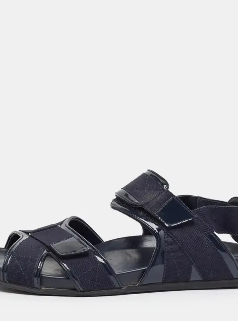 Manolo Blahnik Size 43 Navy Blue Canvas and Patent Leather Flat Sandals
