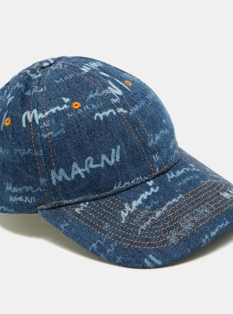 Marni Blue Denim All-Over Logo Print Megamarni Baseball Cap S
