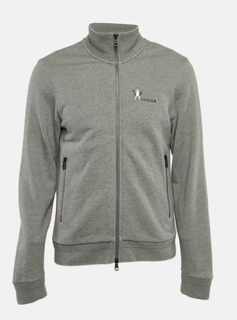 Moncler Grey Logo Print Cotton Knit Zip-Up Jacket M