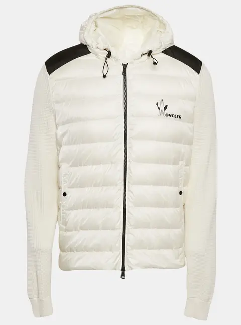Moncler White Logo Print Cotton Knit and Quilted Nylon Down Jacket L