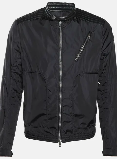 Moncler Black Nylon Leather Trim Bomber Erik Jacket L