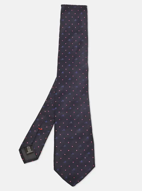 Moschino Navy Blue Monogram Polka Dot Silk Jacquard Classic Tie