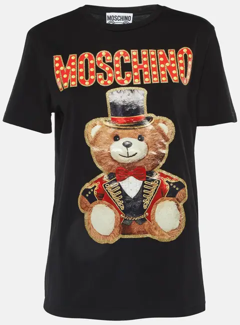 Moschino Couture Black Glitter Bear Print Cotton Crew Neck T-Shirt S