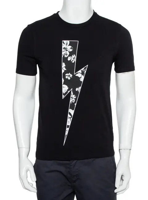 Neil Barrett Black Floral Bolt Printed Crewneck T-Shirt S