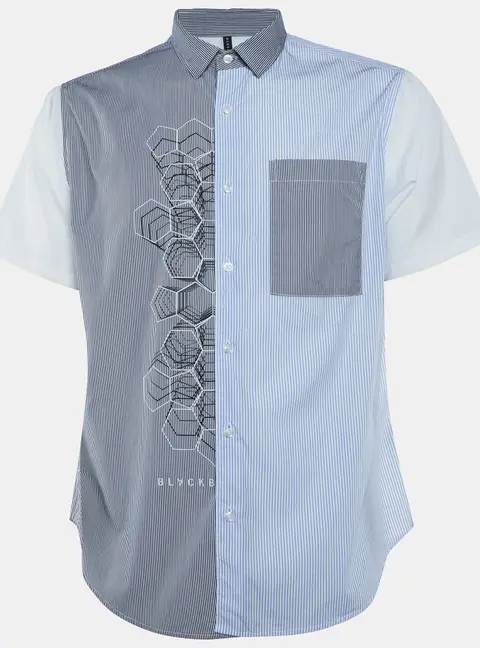 Black Barett by Neil Barrett White Striped Cotton Paneled Short Sleeve Shirt S