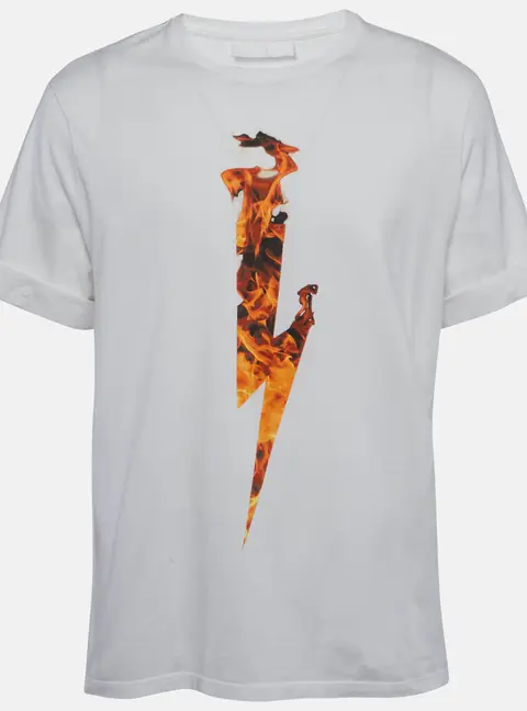Neil Barrett White Flame Thunderbolt Print Cotton Rolled Up T-Shirt M