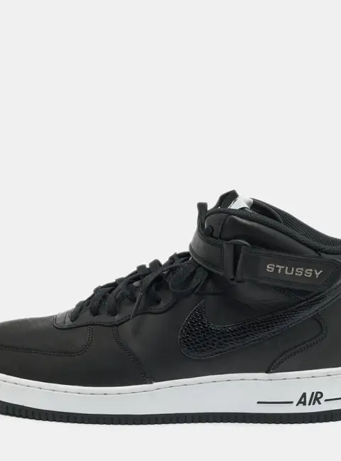 Nike Air Force 1 Stussy Size 47.5 Black Snakeskin Embossed and Leather Mid Top Sneakers