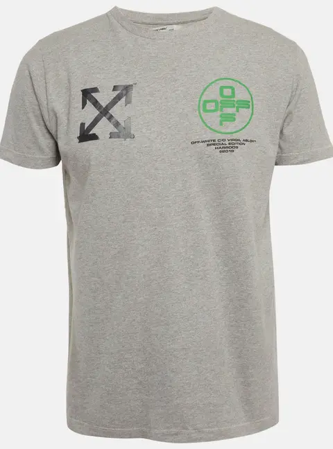 Off-White Grey Print Cotton Half Sleeve T-Shirt S