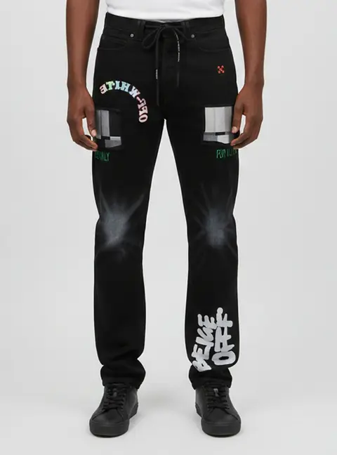 Off-White X Ev Bravado Black Embroidered Denim Relaxed Fit Jeans S/Waist 30"