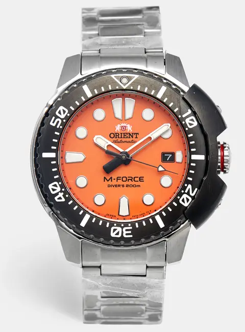 Orient M-Force RA-AC0L08Y00B Orange Dial Stainless Steel Men's Wristwatch 45 mm