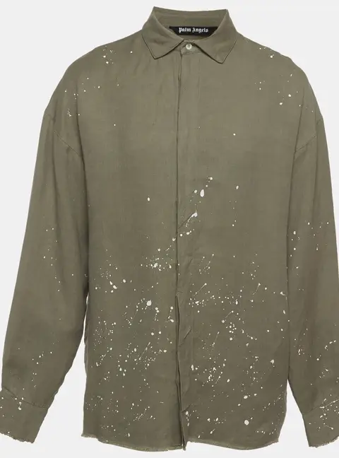 Palm Angels Olive Green Logo Print Linen Paint Splatter Shirt L