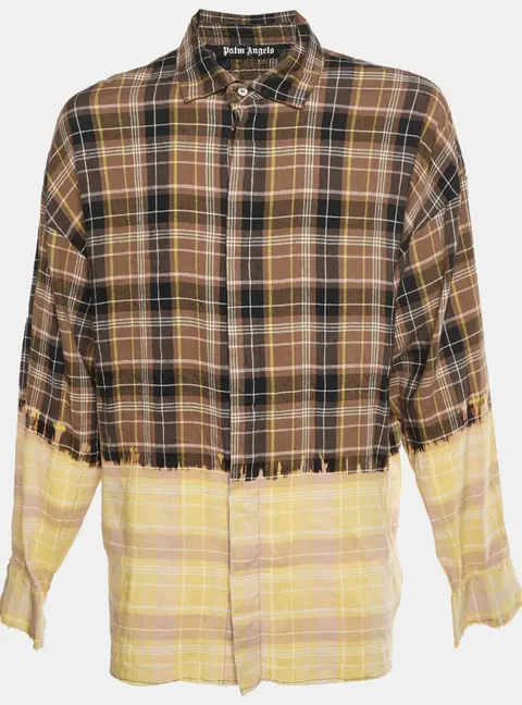 Palm Angels Brown/Yellow Checked Logo Print Linen Blend Overshirt M