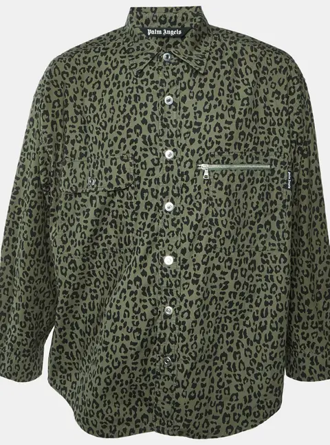 Palm Angels Green Logo Leopard Print Cotton Long Sleeve Shirt M