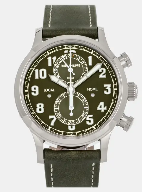 Patek Philippe Complications Calatrava Pilot Travel Time Chronograph 5924G-010 Green 18K White Gold Automatic Men's Wristwatch 42MM